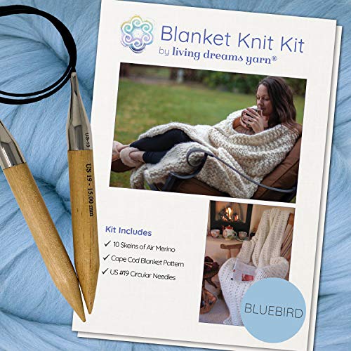 Extra Large Merino Blanket Knit Kit. Includes Super Soft Air Merino Yarn, Big Wooden Needles & Printed Cape Cod Blanket Pattern. Color: Bluebird