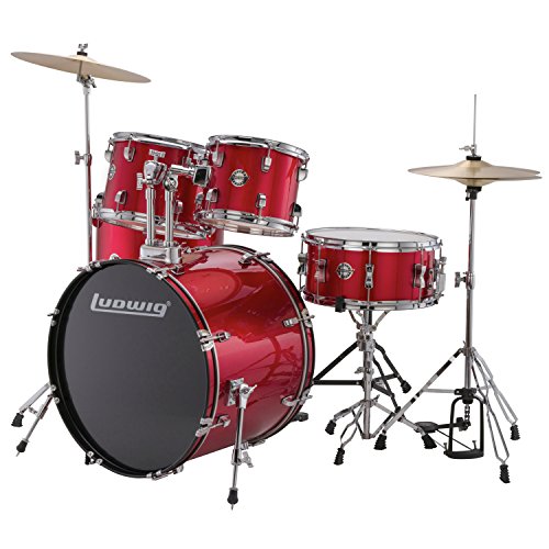 Ludwig Accent Drive Series LC175 Complete Drum Package with Cymbals, Hardware, Drum Throne, Chain-drive Pedal and Sticks (Red foil)