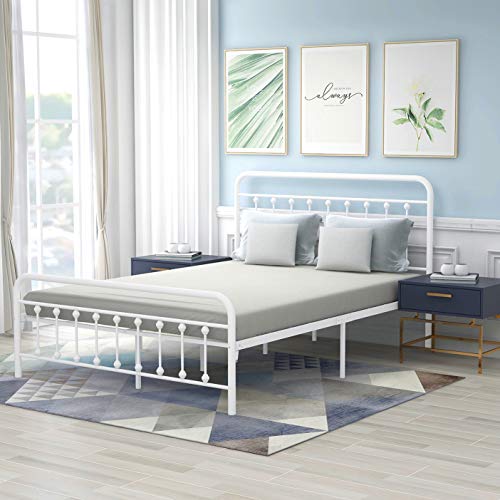 Yollen Metal Bed Frame Queen Size Victorian Vintage Style Headboard and Footboard No Box Spring Heavy Duty Steel Slat Mattress Foundation White