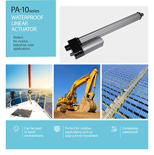 12V Waterproof (450 lbs. / 4 in.) Linear Actuator |IP68M/IP69K Protection for Industrial, Solar Usage | Brushed DC Electric Motor and Stainless-Steel Stroke Rod | Model PA-10-4-450-N-12VDC