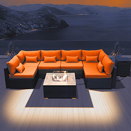 Modenzi Outdoor Sectional Patio Furniture W/ Propane Fire Pit Table Espresso Brown Wicker Resin Garden Conversation Sofa Set