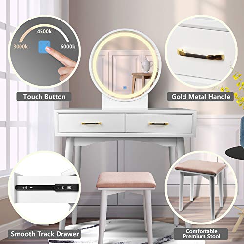 Vanity Lighted LED Touch Screen Dimming Round Mirror Makeup Dressing Table W/ 2 Sliding Drawers 1 Cushioned Stool