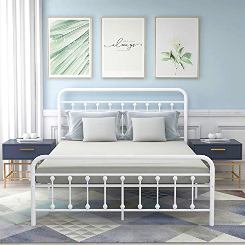 Yollen Metal Bed Frame Queen Size Victorian Vintage Style Headboard and Footboard No Box Spring Heavy Duty Steel Slat Mattress Foundation White
