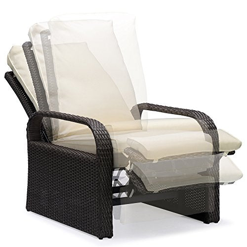 Outdoor Wicker Recliner Chair w/ 5.12'' Thickness Cushions, Automatic Adjustable Rattan, Aluminum Frame