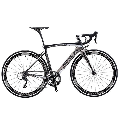 SAVADECK Carbon Road Bike, Warwinds3.0 700C Carbon Fiber Racing Bicycle with SORA 18 Speed Derailleur System and Double V Brake (Grey,52cm)