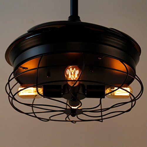 Vintage Ceiling Fan with Lights 34 Inch Retractable 3 Blades Industrial Chandelier Ceiling Fan with 4 Edison Bulbs, Not Included, Black