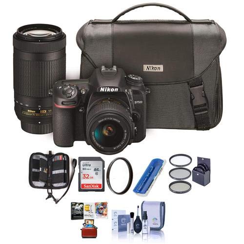 Nikon D7500 DSLR w/ AF-P DX NIKKOR 18-55mm VR and 70-300 ED VR Lenses, Bag - Bundle with 32GB SDHC Card