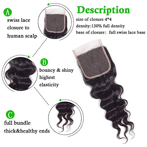 10A Brazilian Virgin Hair Loose Wave 3 Bundles with Closure (16 18 20+14"Closure) Brazilian Human Hair Bundles with Closure 100% Unprocessed Virgin Remy Hair Bundles with Lace Closure Natural Color