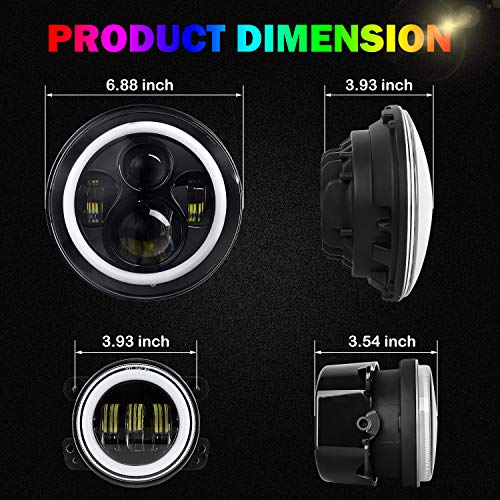 DOT Approved 7in RGB Halo Jeep Wrangler Headlights + 4in RGB LED Fog Lights Halo Ring Amber Combo Kit For Jeep Wrangler 1997-2019