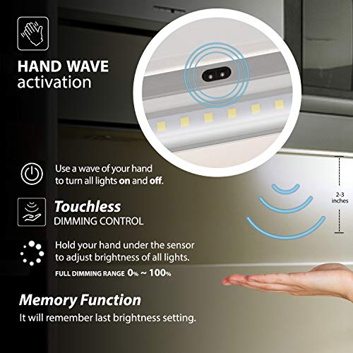 EShine White Finish 12 Panels 12" LED Under Cabinet Lighting Kit Touchless Dimming Control -Cool White (6000K)