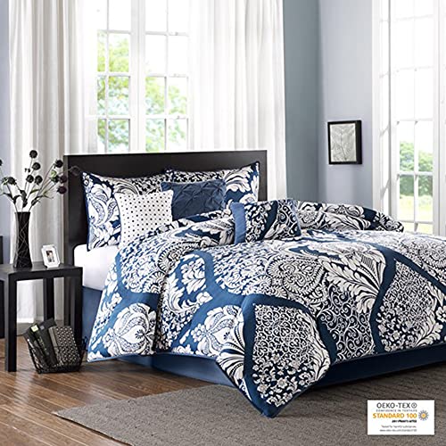 Madison Park Sateen Cotton Comforter Set-Traditional Luxe Design All Season Lightweight Bedding, Shams, Bedskirt, Decorative Pillows, California King (104 in x 92 in), Vienna, Damask Indigo 7 Piece