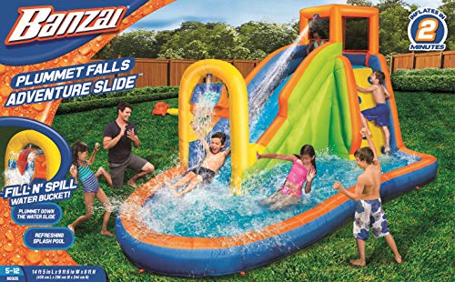 BANZAI Plummet Falls Adventure Inflatable Backyard Kids Water Slide and Pool