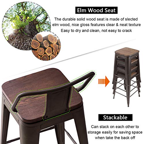 Tongli 26" Metal Counter Stools Set of 4 Industrial Counter Height Barstools with Back (Rusty, Low Back)