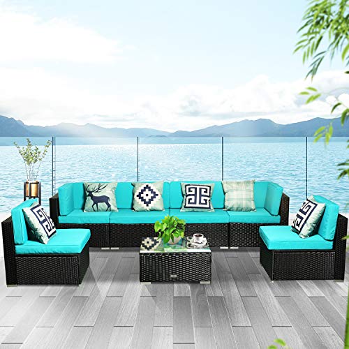 U-Eway Patio Furniture Sets All-Weather Outdoor Sectional Sofa Yard Manual Weaving Wicker Rattan Cushion Glass Table
