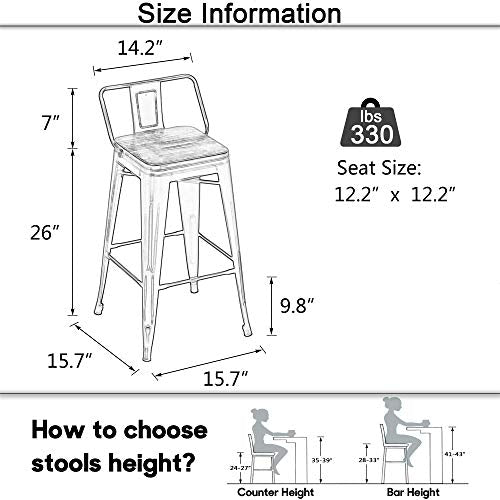 Tongli 26" Metal Counter Stools Set of 4 Industrial Counter Height Barstools with Back (Rusty, Low Back)