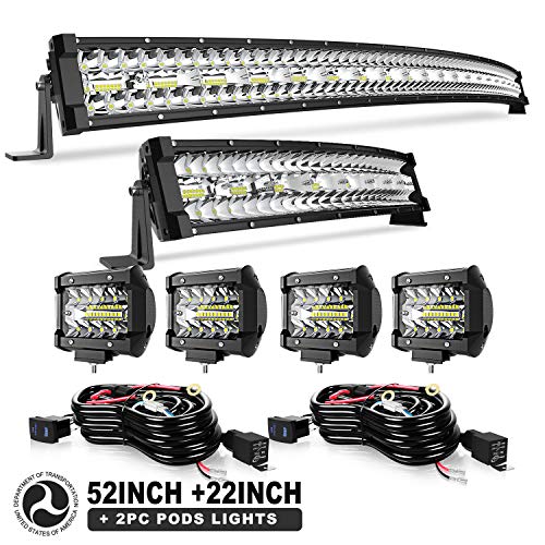 TERRAIN VISION 52Inch Curved 975W + 22Inch 390W Light Bar Triple Row Spot Flood Combo Off Road Lights Kits + 4Pcs 4in 60W Driving Fog Lights W/Wiring Harness Kit For Jeep Trucks Boat Lighting