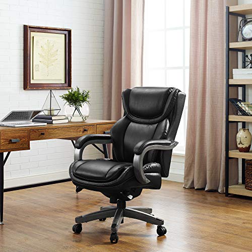 LaZBoy Big & Tall Executive Office Comfort Core Cushions, Ergonomic High-Back Chair with Solid Wood Arms, Bonded Leather, Black