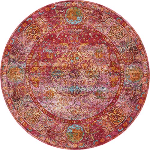 Unique Loom Baracoa Collection Bright Tones Vintage Traditional Round Rug, 8 ft 4 in, Red/Pink