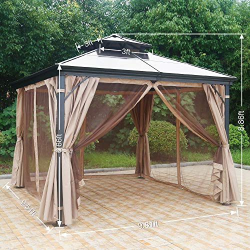 MASTERCANOPY Hardtop Gazebo PatioPolycarbonate Gazebo Canopy with Brown Mosquito Netting Screen Walls Curtains,DL-D33(10ft×10ft)
