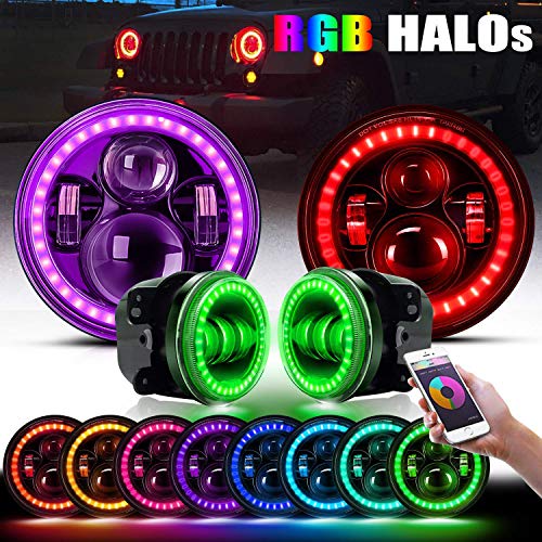 DOT Approved 7in RGB Halo Jeep Wrangler Headlights + 4in RGB LED Fog Lights Halo Ring Amber Combo Kit For Jeep Wrangler 1997-2019