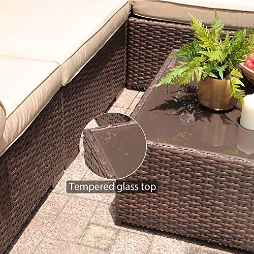 Super Patio Outdoor Patio Furniture Set, 5pc PE Wicker Rattan Sectional Furniture Set with Cushions and Coffee Table, Brown