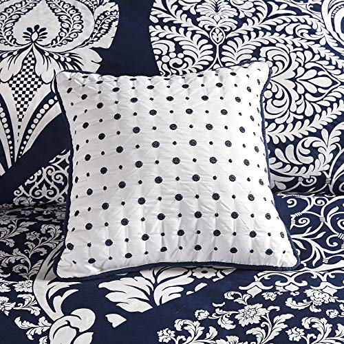 Madison Park Sateen Cotton Comforter Set-Traditional Luxe Design All Season Lightweight Bedding, Shams, Bedskirt, Decorative Pillows, California King (104 in x 92 in), Vienna, Damask Indigo 7 Piece