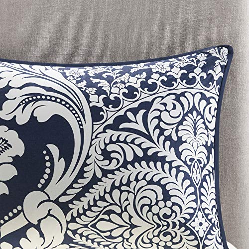 Madison Park Sateen Cotton Comforter Set-Traditional Luxe Design All Season Lightweight Bedding, Shams, Bedskirt, Decorative Pillows, California King (104 in x 92 in), Vienna, Damask Indigo 7 Piece