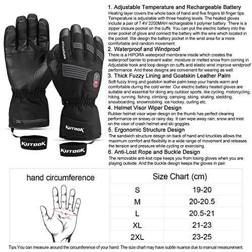 KUTOOK Electric Heat Gloves Rechargeable Battery Heated Gloves Waterproof Windproof in Winter Cold Weather Men Women Black Large