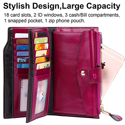 Lavemi Womens Large Capacity Genuine Leather RFID Blocking Wallets Wristlet Clutch Card Holder(2- Light Purple)