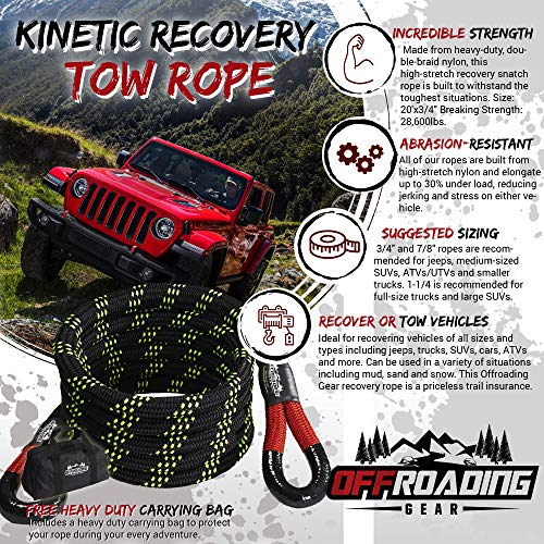 Offroading Gear 20'x 1-1/4" Kinetic Recovery & Tow Rope, Black (52,300 lbs), Better Than Snatch Straps