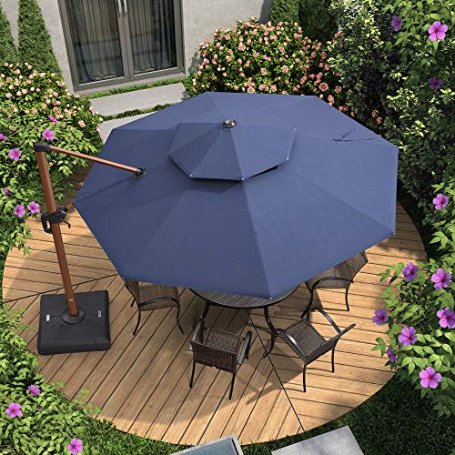 PURPLE LEAF 11 Feet Double Top Deluxe Sunbrella Wood Pattern Round Patio Umbrella Offset Hanging Umbrella Cantilever Umbrella Outdoor Market Umbrella Garden Umbrella, Spectrum Indigo