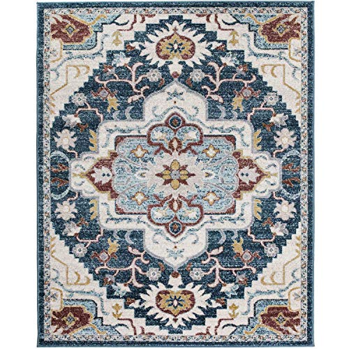 KSANA Soft Runner Rug, 8' x 10' Area Rug, Luxury Carpets for Living Room, Bedroom and Hallway (White Sand/Insignia Blue)