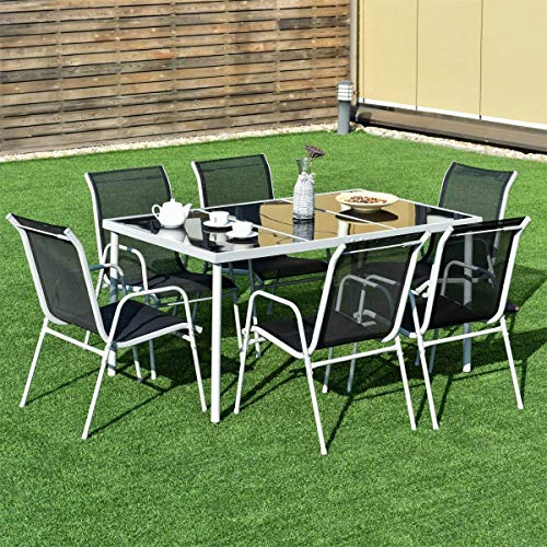 Giantex 7 Pcs Patio Dining Set with Metal Frame for Outdoor Lawn Garden Tempered Glasstop Cool Fabric Chairs Bistro Patio Dining Table Sets, Black