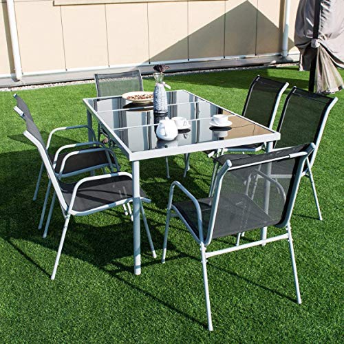 Giantex 7 Pcs Patio Dining Set with Metal Frame for Outdoor Lawn Garden Tempered Glasstop Cool Fabric Chairs Bistro Patio Dining Table Sets, Black
