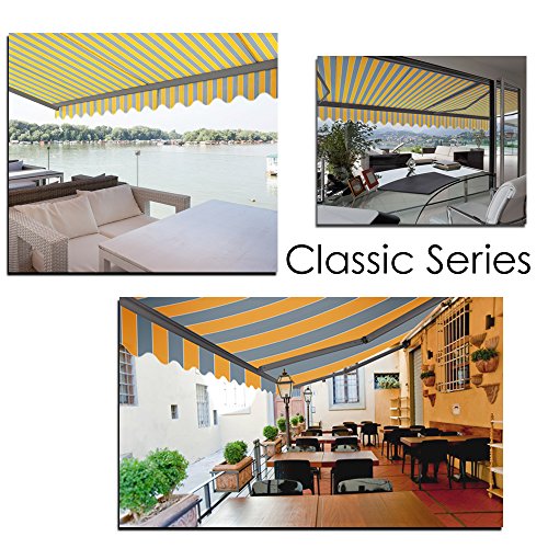 ADVANING Retractable Patio Awning 100% Acrylic Fade Resistant Fabric Easy Sunny Yellow with Gray Stripes