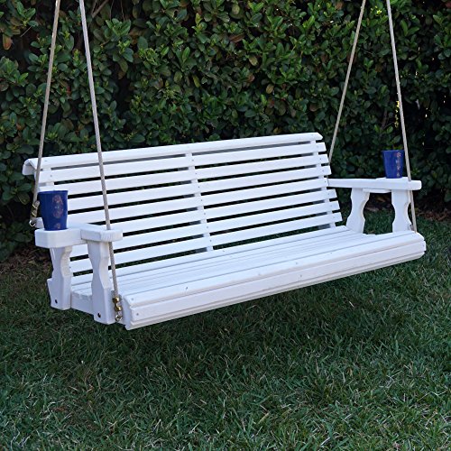 CAF Amish Heavy Duty 800 Lb Roll Back Treated Porch Swing with Hanging Ropes and Cupholders (4 Foot, Semi-Solid White Stain)