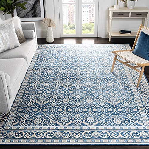 SAFAVIEH Brentwood Collection BNT870M Oriental Damask Trellis Non-Shedding Living Room Bedroom Dining Home Office Area Rug, 8' x 10', Navy / Light Grey