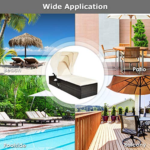 Tangkula Outdoor Chaise Lounge Chair with Folding Canopy, Adjustable Cushioned Reclining Chair with Flip-up Tea Table, Rattan Sun Lounger for Beach Poolside Backyard Balcony Porch (1)