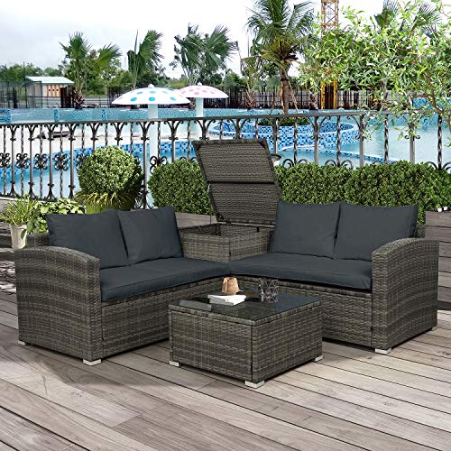 Danxee Outdoor Patio 4 Piece Conversation Set Wicker Rattan Sectional Sofa W/ Loveseat Coffee Table & Storage Ottoman Backyard Porch Lawn