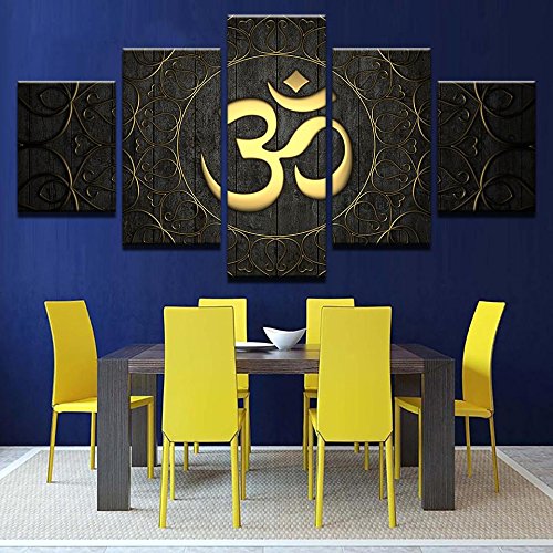 PEACOCK JEWELS [Large Premium Quality Canvas Printed Wall Art Poster 5 Pieces / 5 Pannel Wall Decor Gold OM Painting, Home Decor Pictures - Stretched
