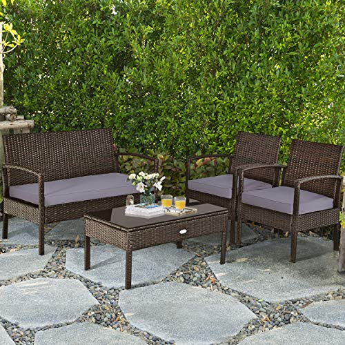Tangkula 4Pc Outdoor Furniture Set Rattan Wicker Loveseat Sofa Cushioned Seat&Glass Top Coffee Table Modern