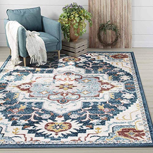 KSANA Soft Runner Rug, 8' x 10' Area Rug, Luxury Carpets for Living Room, Bedroom and Hallway (White Sand/Insignia Blue)