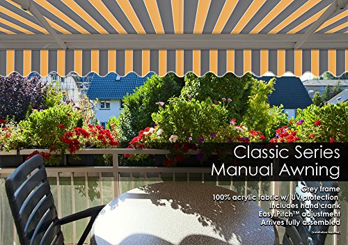 ADVANING Retractable Patio Awning 100% Acrylic Fade Resistant Fabric Easy Sunny Yellow with Gray Stripes