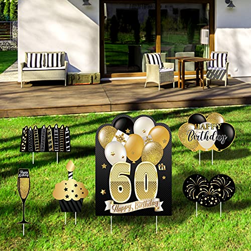 KUUQA 6Pcs 60th Happy Birthday Yard Sign with Stakes, Birthday Lawn Sign Birthday Outdoor Yard Sign Gold Happy Birthday Party Decorations
