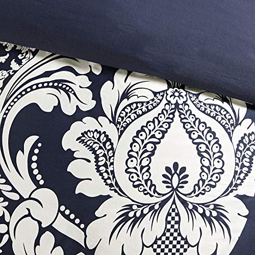 Madison Park Sateen Cotton Comforter Set-Traditional Luxe Design All Season Lightweight Bedding, Shams, Bedskirt, Decorative Pillows, California King (104 in x 92 in), Vienna, Damask Indigo 7 Piece