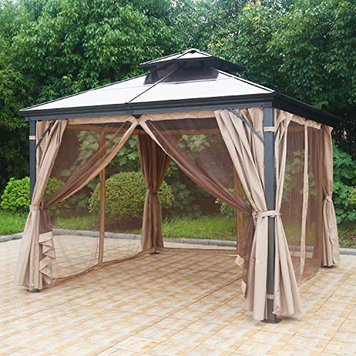 MASTERCANOPY Hardtop Gazebo PatioPolycarbonate Gazebo Canopy with Brown Mosquito Netting Screen Walls Curtains,DL-D33(10ft×10ft)