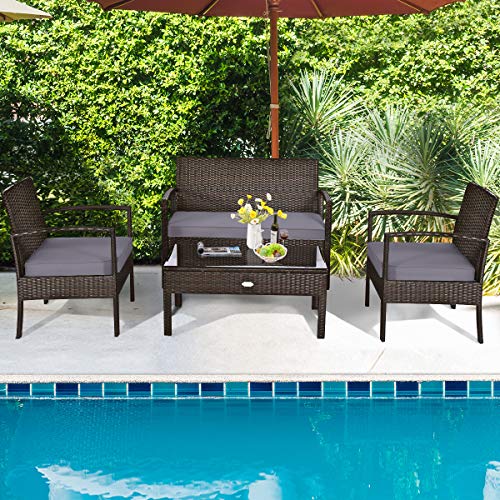 Tangkula 4Pc Outdoor Furniture Set Rattan Wicker Loveseat Sofa Cushioned Seat&Glass Top Coffee Table Modern