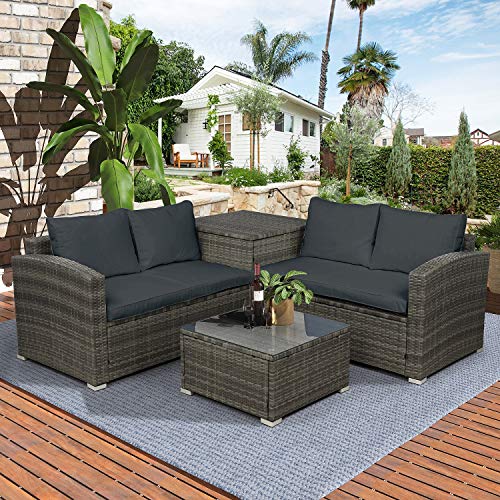 Danxee Outdoor Patio 4 Piece Conversation Set Wicker Rattan Sectional Sofa W/ Loveseat Coffee Table & Storage Ottoman Backyard Porch Lawn