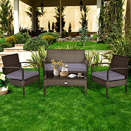 Tangkula 4Pc Outdoor Furniture Set Rattan Wicker Loveseat Sofa Cushioned Seat&Glass Top Coffee Table Modern