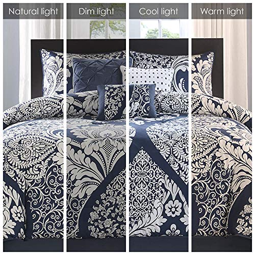 Madison Park Sateen Cotton Comforter Set-Traditional Luxe Design All Season Lightweight Bedding, Shams, Bedskirt, Decorative Pillows, California King (104 in x 92 in), Vienna, Damask Indigo 7 Piece